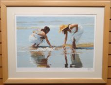 ORIGINAL SERIGRAPH PRINT: Luis Ribas, two ladies on the shore entitled 'Shell Seekers', signed, 18.5