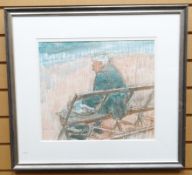 WATERCOLOUR: Gordon Stuart - man on bench, reading paper, signed, 14 x 16 ins (36 x 41 cms)