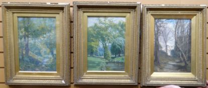 A TRIO OF OILS ON BOARD: A Hamesse - all wooded landscape scenes, signed, 13.75 x 9.5 ins (35 x