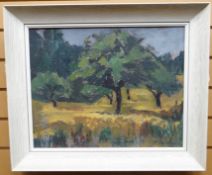 OIL ON BOARD: Joan Oxland - landscape with trees, entitled verso 'Ripe Corn and Apple Trees