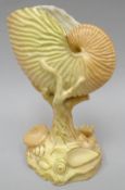 A Royal Worcester blush vase in the form of a Nautilus shell raised by sea-weed over a sea-bed base,