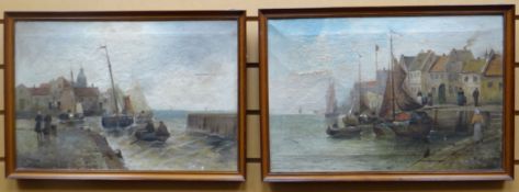 A PAIR OF OIL ON CANVAS: Van Porten - Nineteenth Century European harbour town scenes with