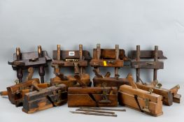 Eight brass and wooden sash fillister planes, three others and three spare blades, various maker's