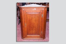 A Georgian oak corner cupboard with single raised panel door, brass 'H' hinges and escutcheon, the