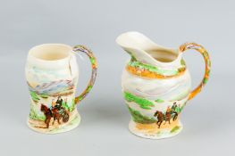 Two pieces of Crown Devon ware titled 'The Irish Jaunting Car', a relief decorated jug with no