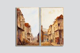 JOHN RUSSELL watercolours, a pair, unframed - Continental street scenes with cladded buildings and