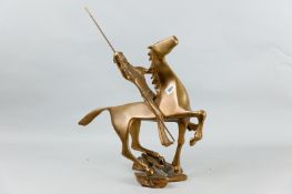 A mid 20th Century stylized bronze figure of an Indian Brave on horseback standing upon a rocky