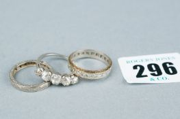 Two eternity rings, total 2.6 grms, each with tiny diamond decoration, an unmarked believed white