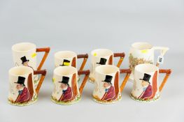 Eight Crown Devon musical tankards, seven relief moulded and hand painted depictions of 'John