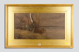 ALBERT PROCTOR watercolour - river scene with silver birches, signed, 39 x 64 cms