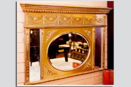 A modern gilt Regency style mirror, oval bevelled edge centre flanked by two bevelled edge outer