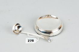 A small silver Georgian ladle with oval bowl, 0.6 ozs, London 1799 and a circular silver  coin dish?