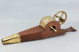 A set of late Georgian/early Victorian mahogany and brass peat bellows, mechanically wheel driven