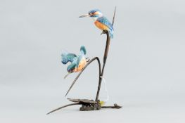 An Albany Fine China bronze and porcelain model of a pair of Kingfishers perched and in full dive
