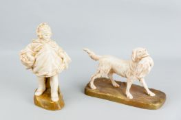 Two ivorine Crown Devon figures on gilt bases, one of a bonneted young girl with a cape carrying a