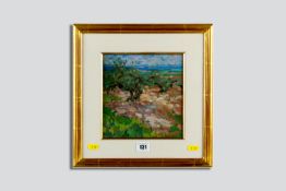 DIANA ARMFIELD oil on board - olives in a Spanish landscape, signed with initials and with title