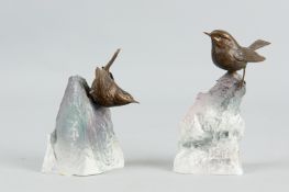 Two Albany Worcester bronze and porcelain figures, one of a Wren perched upon a rock, 3.25 ins (8