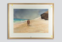 JOHN OCKENDEN (of Heswall, Wirral) watercolour - beach scene with two nude walking figures,