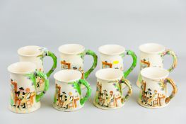 Eight Crown Devon relief moulded and hand painted tankards with applied transfer print verse for '