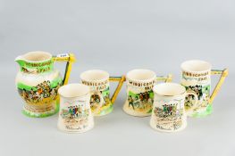 Six pieces of Crown Devon musical ware - a large jug, a tall tankard, two shorter tankards all