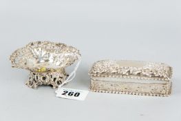 A small heart shaped pierced and pedestal silver pin dish, 1.4 ozs, Birmingham 1893 and an oblong