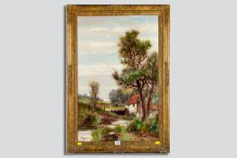 ABRAHAM HULK JNR oil on canvas - mill scene with figure, cattle grazing and distant village and