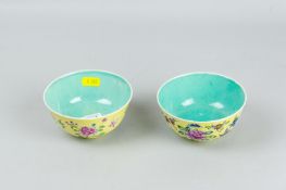 A pair of early 20th Century yellow ground bowls with butterfly and floral all-over exterior