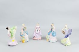 Five Crown Devon figurines of ladies, two dancing with outstretched arm and a fan in the other,