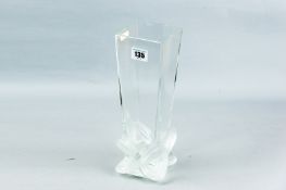 Contemporary Lalique vase of square tapering form with entwined, twisted and frosted band to the