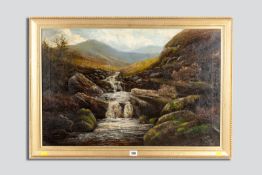 WILLIAM MELLOR oil on canvas - landscape with tumbling river falls, signed, 48 x 74 cms