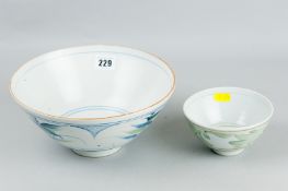 A good sized Derek Emms Studio pottery bowl with interior blue line decoration and blue brush