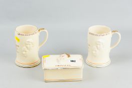 Three Crown Devon commemorative pieces for the 1953 Coronation of Queen Elizabeth II - a lidded
