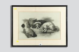 C R SINCLAIR pastel - three King Charles spaniels at rest, signed and dated 1907, 32 x 49 cms