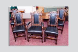 A good sized oak refectory table with lyre end supports and single cross stretcher and a set of five