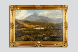 P KILNER oil on board - lake and mountainscape with cattle feeding, signed, 50 x 75 cms