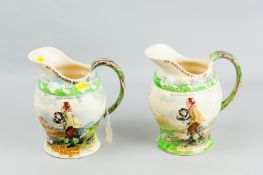 Two Crown Devon musical jugs with musical boxes titled 'On Ilkla Moor Baht'at' both relief moulded