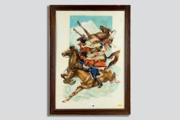 Russian School watercolour - three Cossack horsemen riding into the clouds with weapons drawn,