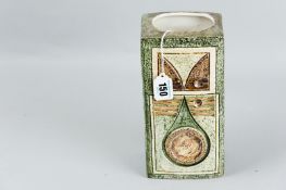 An excellent Troika pottery rectangular vase having a series of raised and incised Aztec type