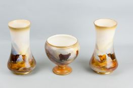 A pair of Crown Devon hand painted vases by G Cox of tapering form, painted with scenes of