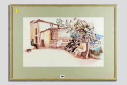 MAGGIE HUMPHRY (of Ruthin) pen and ink colourwash - village scene, figures seated under a bench,