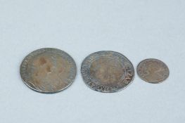 Three silver coins - 1. William & Mary half crown, 1689 - 2. Elizabeth I florin? and 3. Victorian