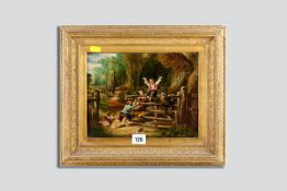 English School oil on board - five children playing on a swinging gate, 19.5 x 26 cms