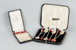 A cased set of six bead handled silver coffee spoons, Sheffield 1937 and a cased set of six Walker &