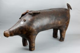 A 20th Century stitched leather stuffed pig footstool, possibly retailed by Tiffany & Co, 17 x 34