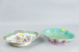 Two 19th Century Famille Rose dishes decorated with figures and animals, iron red beneath the footed