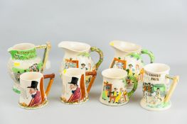 Seven pieces of Crown Devon ware including two large 'Auld Lang Syne' musical jugs with boxes, one