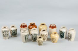 Thirteen various stoneware cream pots, applied labels for various areas including Broughton,