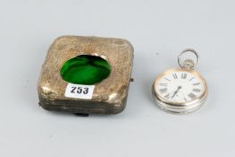 A silver mounted easel travelling watch case (distressed) together with a chrome encased