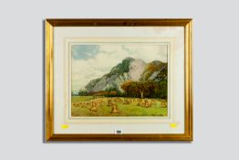 JOHN R LEWIS watercolour - stooked cornfield, possibly in the Conwy Valley, signed, 29 x 39 cms