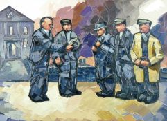IFOR PRITCHARD oil on canvas - five reverential figures outside a chapel ‘The New Minister’, signed,